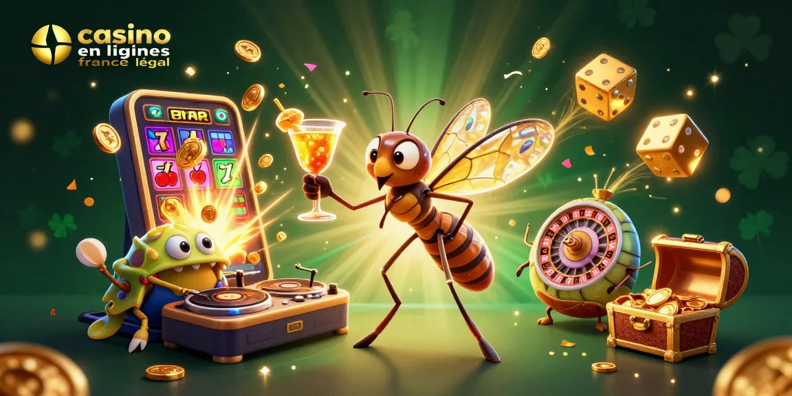 Illustration dynamique d'un casino en ligne France légal, avec des personnages animés et des éléments de jeux.