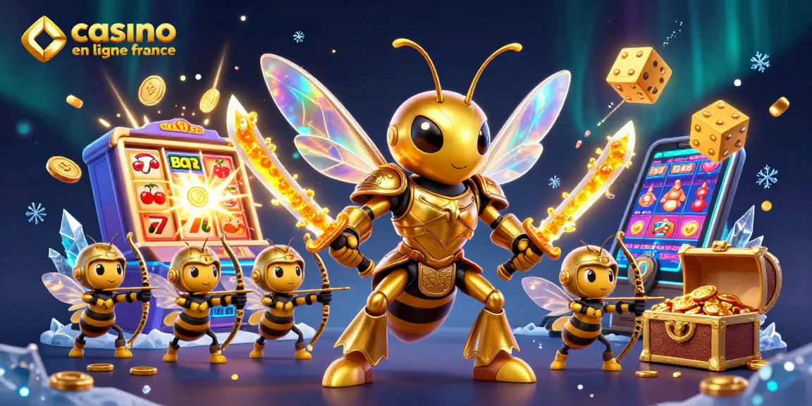 Profitez de jeux de casino en ligne France avec un hornet en armure samouraï entouré de machines à sous et de trésors.