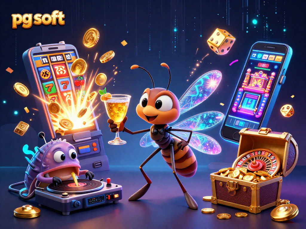 Engage with pg soft’s vibrant casino experience featuring dynamic visuals of playful characters amidst epic gaming action.