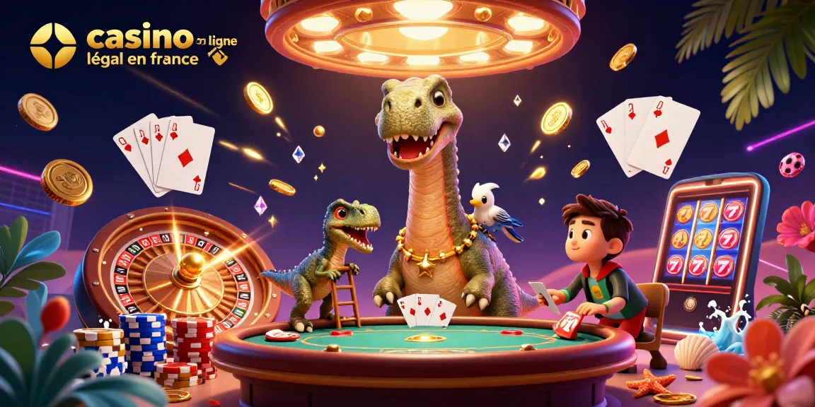 Éprouvez le jeu au casino en ligne légal en France avec cette scène ludique et colorée d'un brontosaurus et d'un raptor !