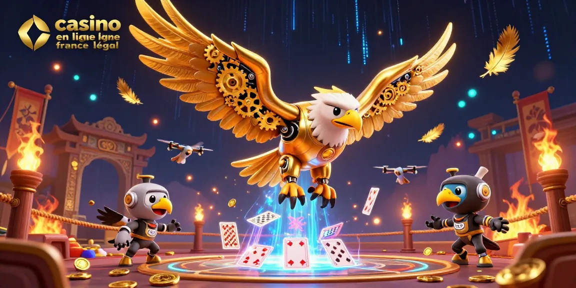 Vivez l'expérience incroyable des jeux avec le casino en ligne France légal entouré d'oiseaux cybernétiques et d'éléments de jeu.