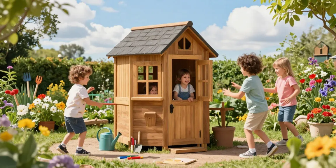 Children enjoying vibrant Childrens Wooden Playhouses in a sunny garden setting.