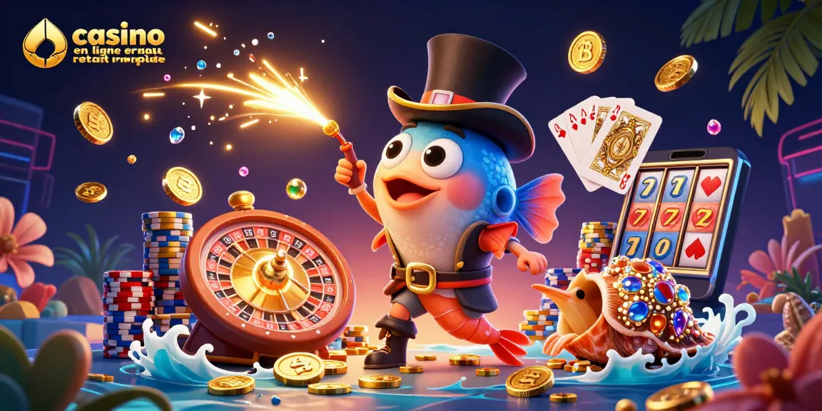Visuel haute qualité de casino en ligne retrait rapide avec pêcheurs sous-marins, jetons, et jeux dynamiques.