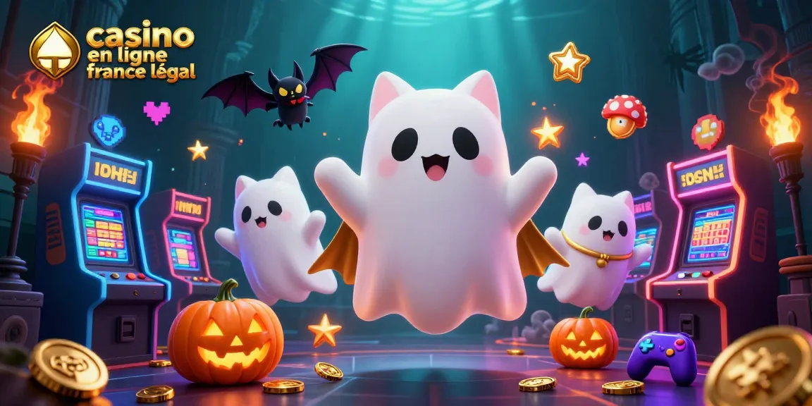 Jouez dans un casino en ligne en France légal avec un chat fantôme et une chauve-souris dans cette illustration ludique.