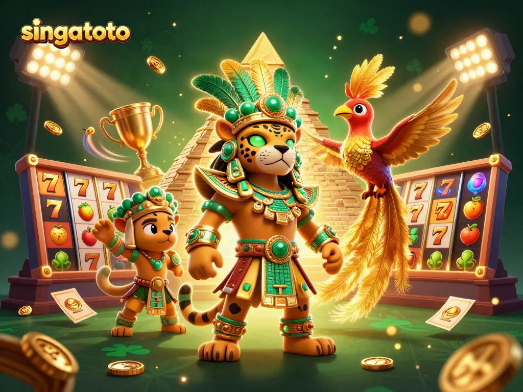 Engage with singatoto's thrilling casino atmosphere, featuring vibrant slot reels and majestic characters.