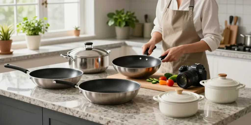 Explore diverse CookWare Price in Bangladesh with stylish cookware selections in a modern kitchen.