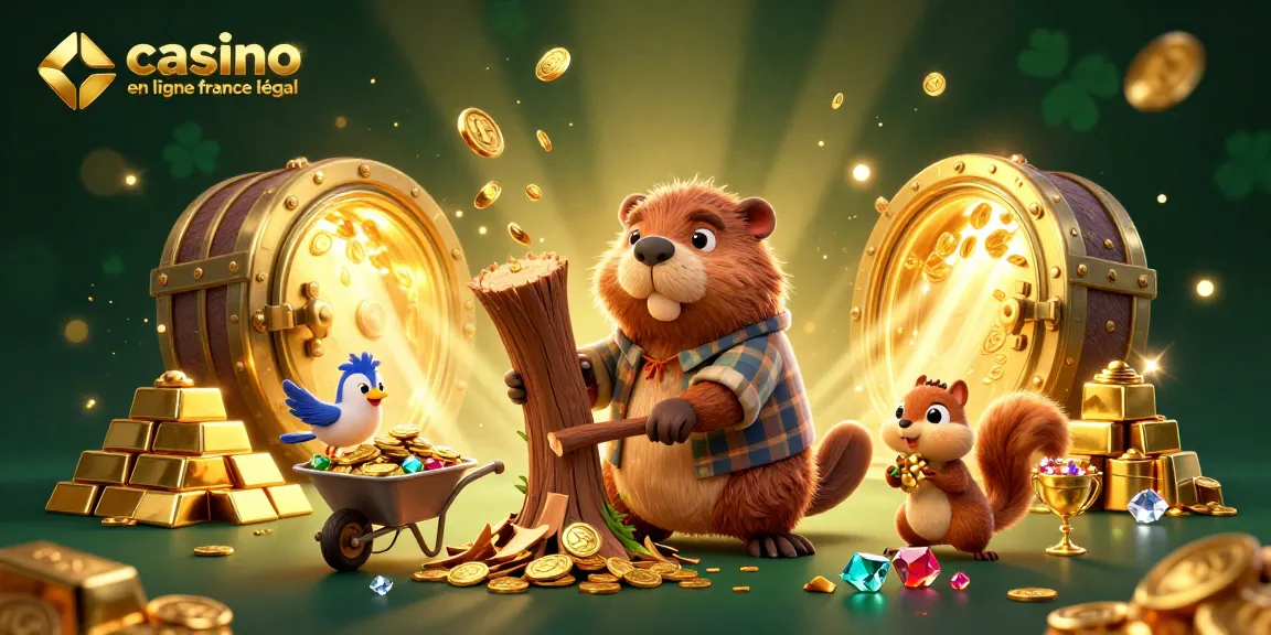 Illustration captivante de casino en ligne France légal avec un castor en train de couper un arbre pour des pièces d'or.