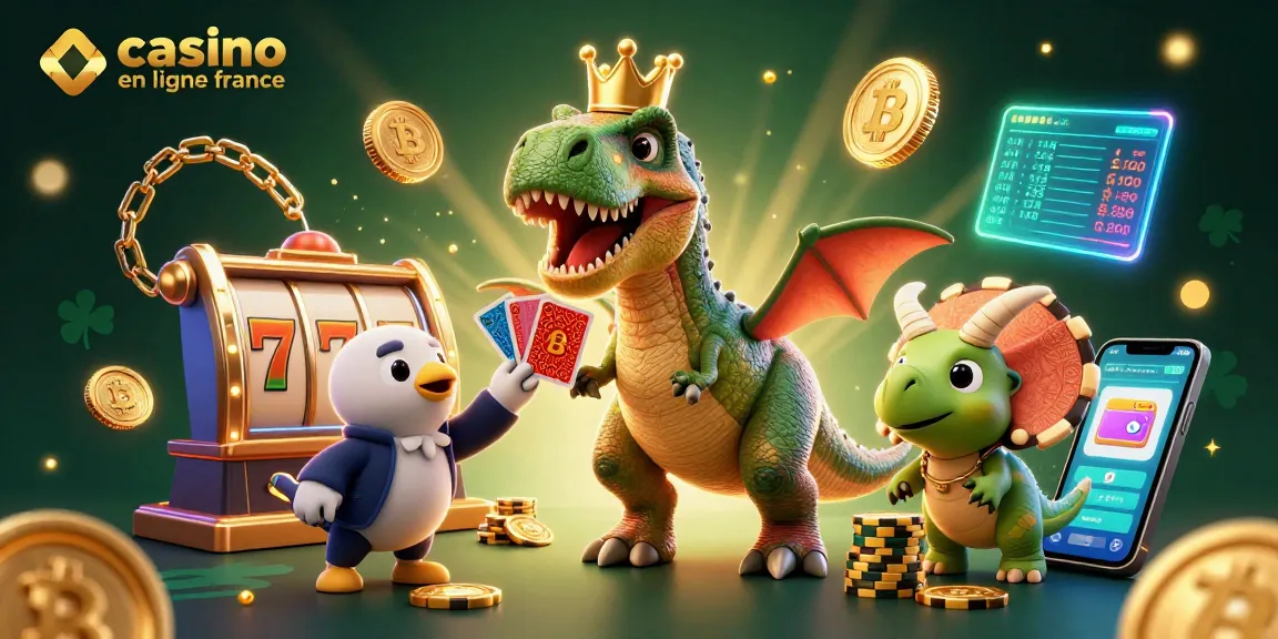 Jouez à des jeux de casino en ligne France avec un T-Rex amusant, cartes à jouer et jetons en or.