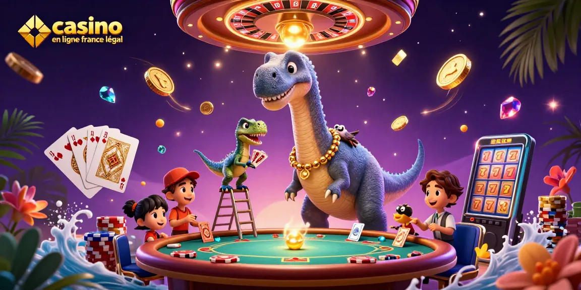 Profitez de l'animation d'un brontosaurus dans un casino en ligne France légal avec jeux de cartes et jetons.