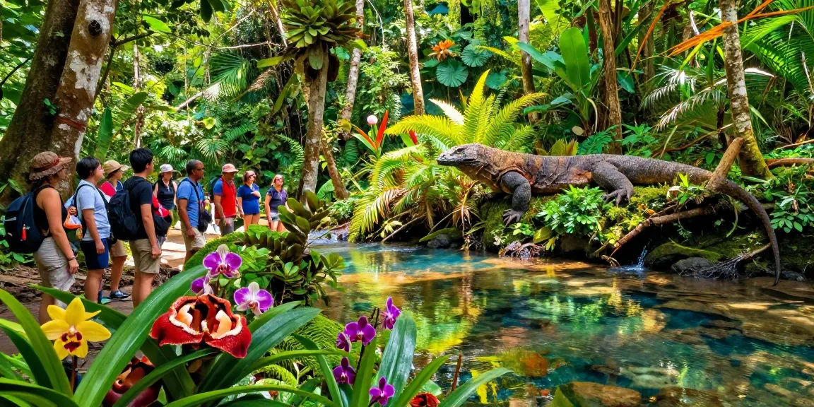 Tourists exploring the vibrant biodiversity of Indonesia at ROKOK88 with Komodo dragons and rare orchids.