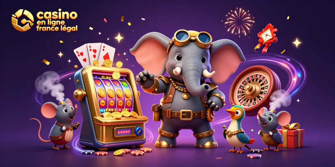 Venez découvrir l'univers du casino en ligne France légal avec un éléphant steampunk au slot et des jeux colorés.