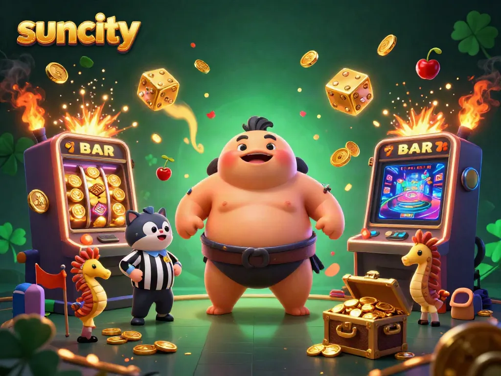 Experience the excitement of suncity as a fugu blowfish engages in a vibrant underwater casino scene with slot machines.