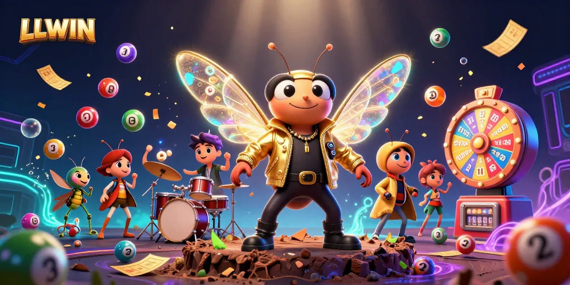 LLWIN provides an exciting gambling experience featuring vibrant lottery balls and an animated rock star scene.