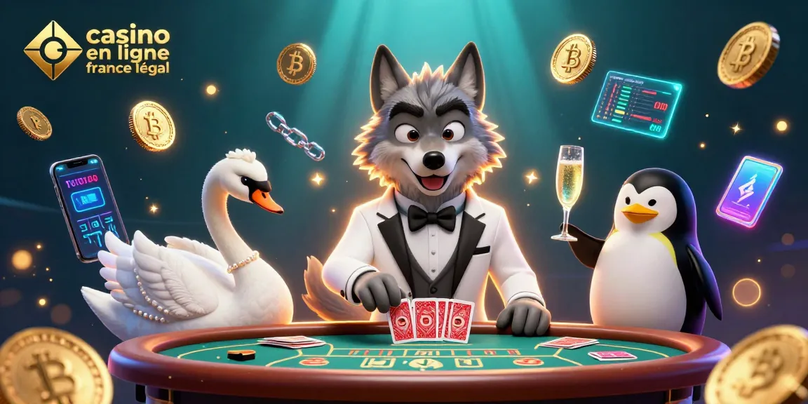 Jouez à casino en ligne France légal avec un loup élégamment vêtu au baccarat, entouré de crypto-monnaies.
