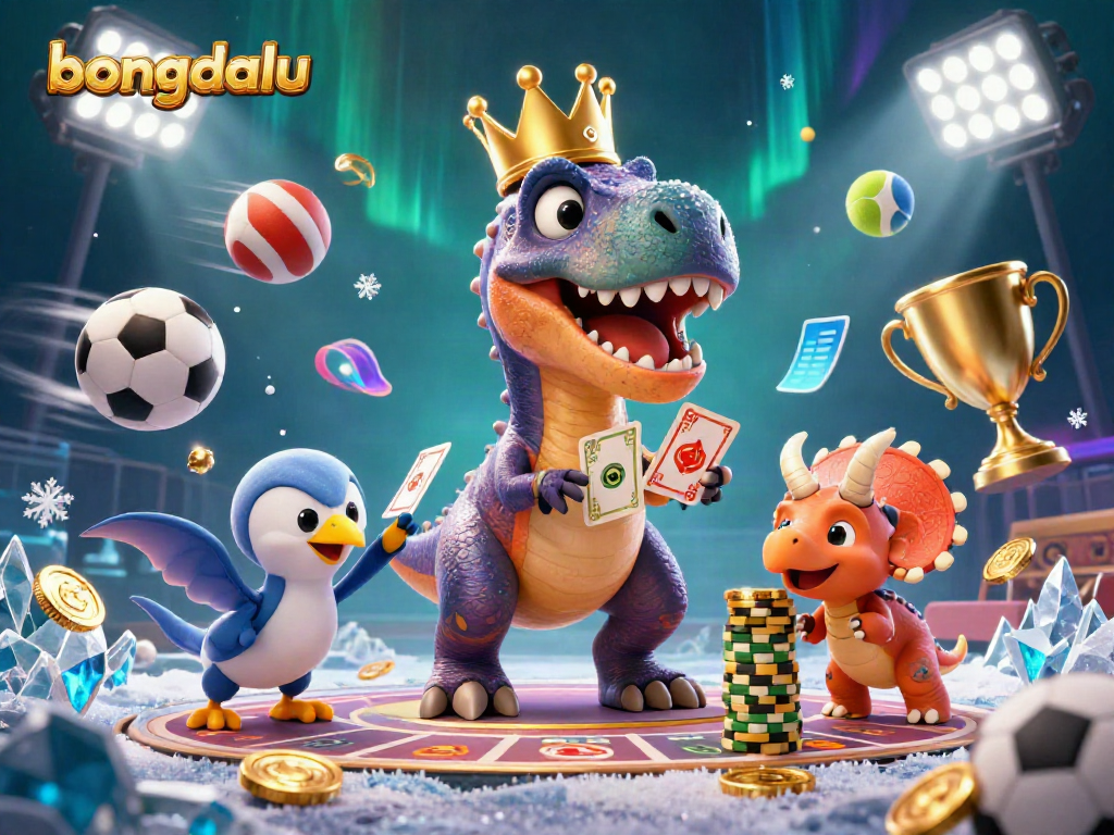 Bongdalu showcases a vibrant sports betting scene with a colorful T-Rex and triceratops, surrounded by dynamic sports elements.