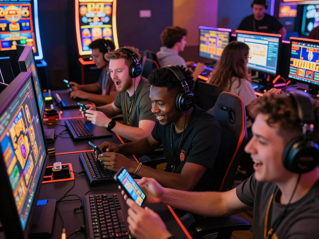 Exciting online gaming community enjoying gacor slot games on multiple devices, showcasing a lively atmosphere.