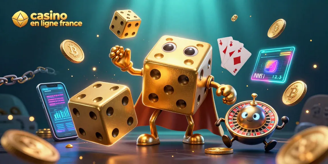 Illustration d'un casino en ligne France montrant un golem de dés dorés jonglant avec des dés, entouré de pièces de crypto-monnaies.