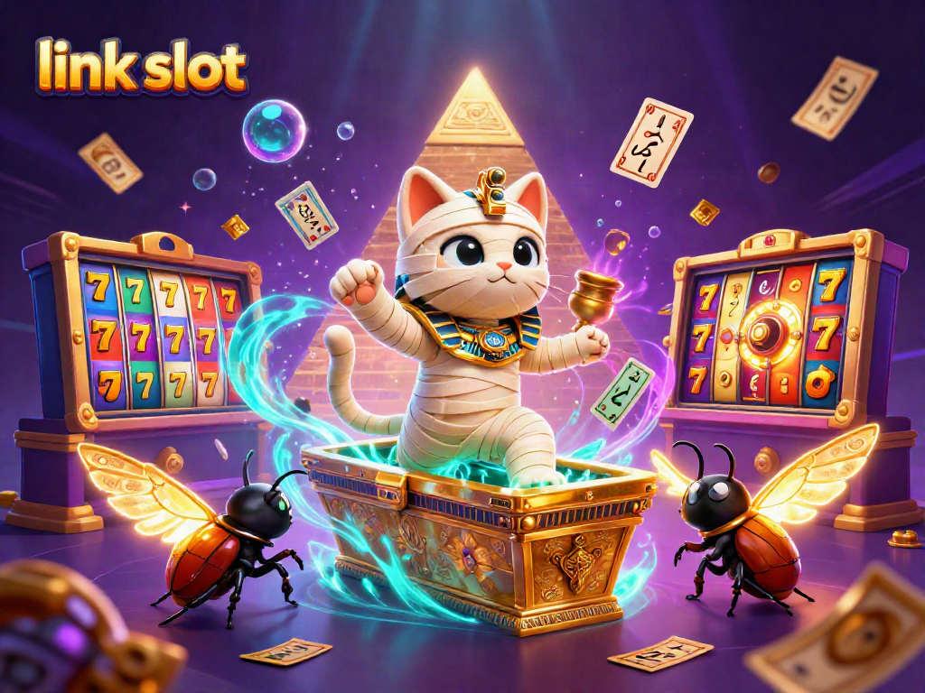 Feel the excitement of link slot gameplay with a mummy cat and scarab beetle in a vibrant casino setting.