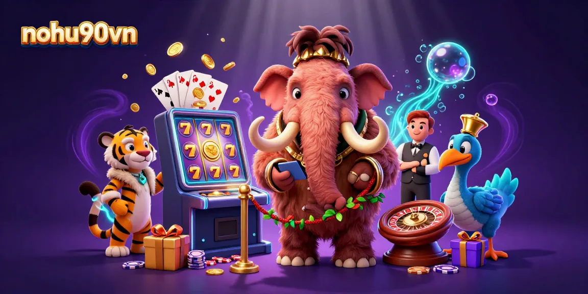 Experience excitement in nohu90vn's vibrant casino scene with dynamic slots and charming characters.