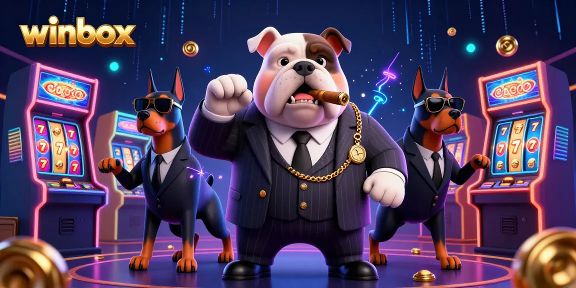 Winbox showcases an exciting cartoon-style casino scene with a mafia bulldog and bodyguards amid dynamic game elements.