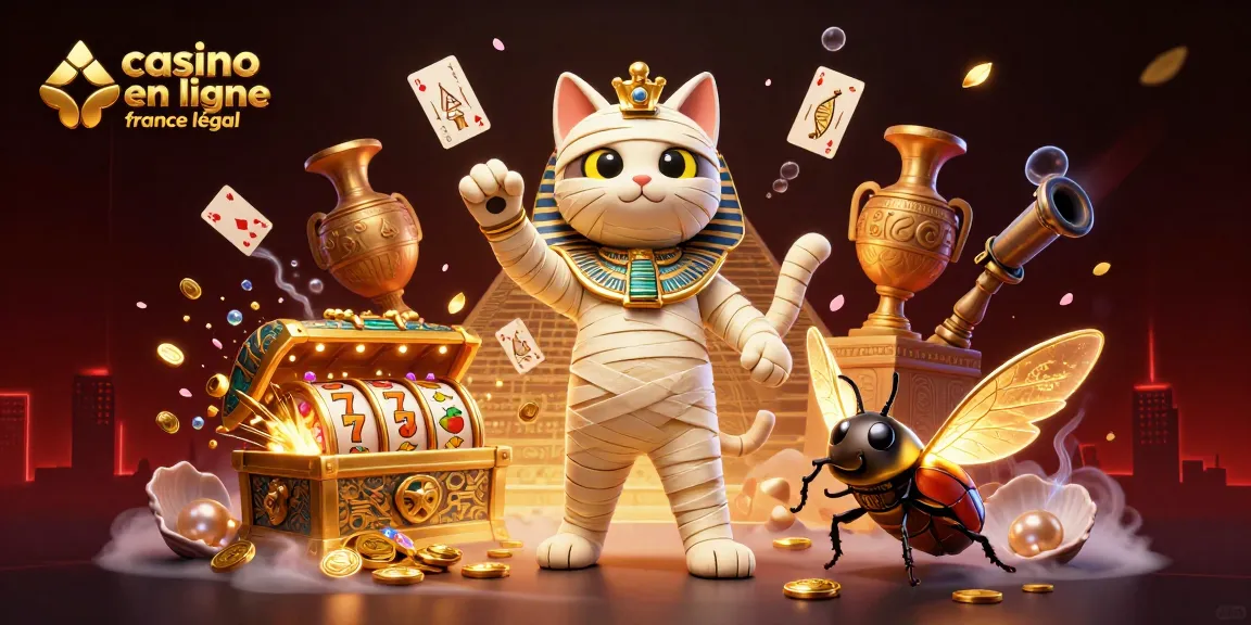 Illustration colorée d'un casino en ligne légal en France avec un chat momie égyptien et un scarabée.