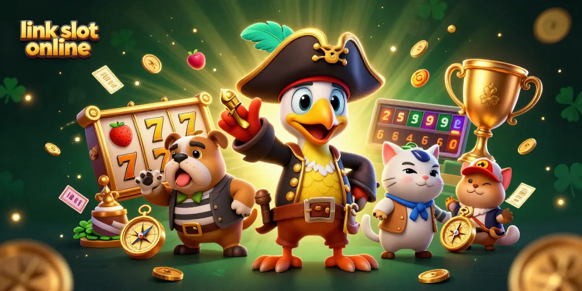 Play exciting games at link slot online with 3D characters celebrating jackpots and casino elements.