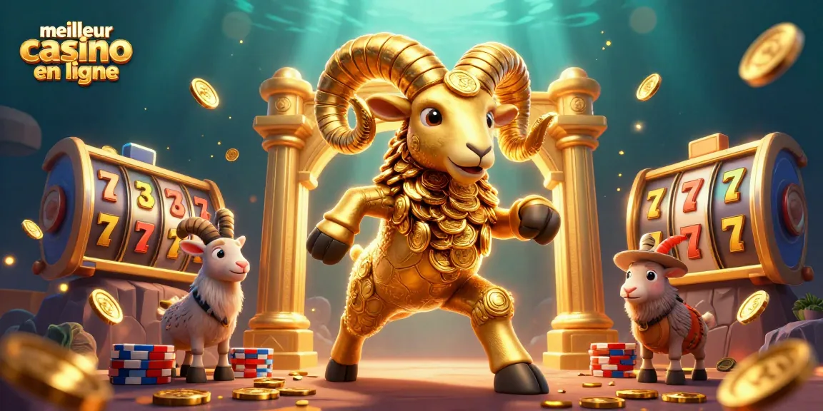 Jeux au meilleur casino en ligne avec un ram doré et des machines à sous scintillantes.