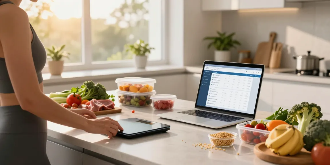 The best macro tracking app displayed on a laptop in a bright kitchen while preparing healthy meals.