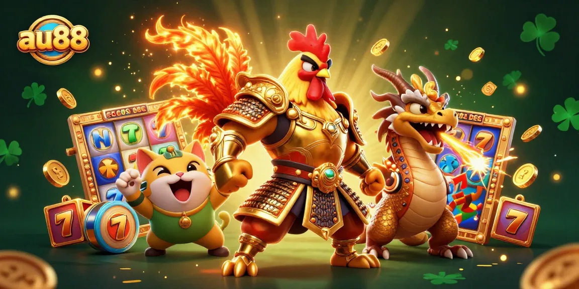 Experience thrilling slots at au88 with a powerful rooster warrior and a dragon in a vibrant gaming scene.