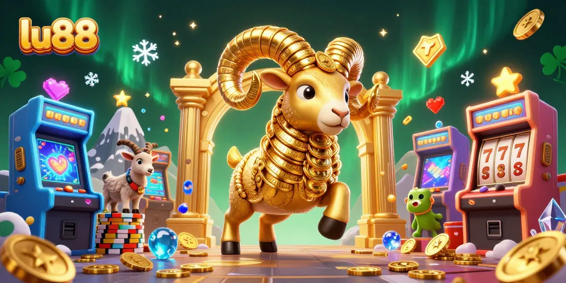 Engage in winning strategies with lu88's vibrant casino world featuring a golden ram amidst dynamic gaming elements.