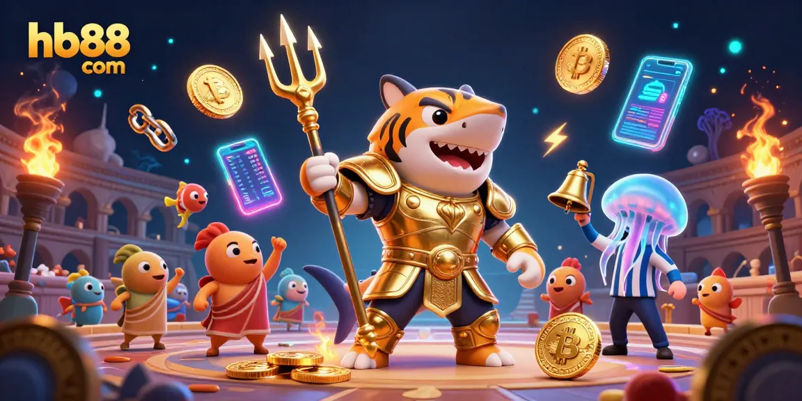 Win big at hb88 com with dynamic underwater casino scene featuring shark in gladiator armor.