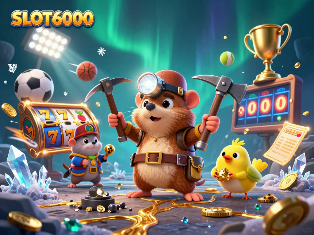 SLOT6000 showcases vibrant slot reels and a treasure hunter mole in a lively online casino scene.