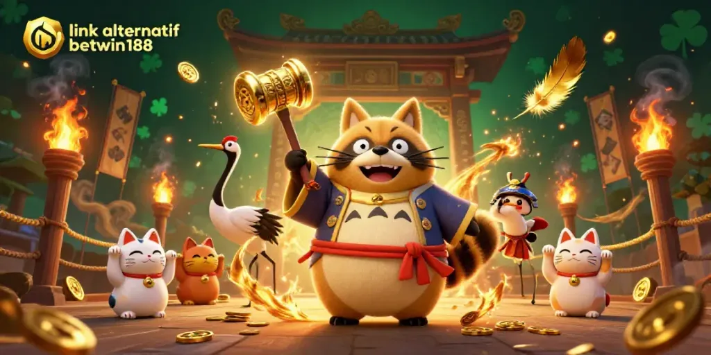 Mengunjungi link alternatif betwin188 dengan gaya 3D kartun yang menyenangkan, menampilkan tanuki ceria, crane samurai, dan kucing maneki-neko yang menghibur.