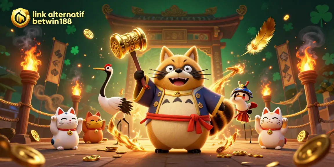 Mengunjungi link alternatif betwin188 dengan gaya 3D kartun yang menyenangkan, menampilkan tanuki ceria, crane samurai, dan kucing maneki-neko yang menghibur.