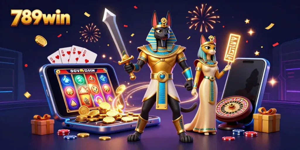 Experience the thrill of 789win with a dynamic scene of Anubis and Bastet amidst casino elements.