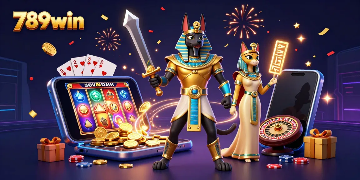Experience the thrill of 789win with a dynamic scene of Anubis and Bastet amidst casino elements.