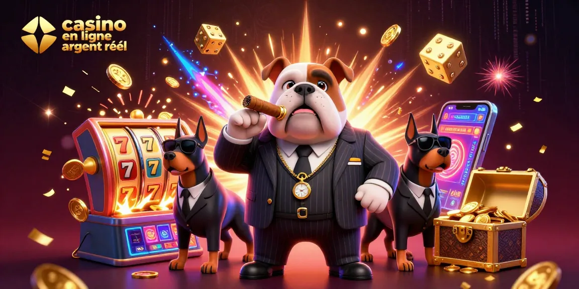 Profitez d'une expérience immersive avec le casino en ligne argent réel illustrée par un bulldog mafia et des gardes du corps.