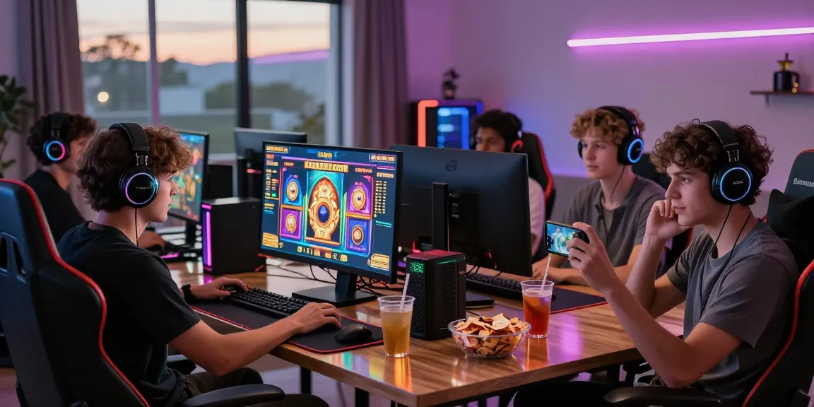 Group playing online slots at https://gravatar.com/playbook88official with vibrant setup and snacks.