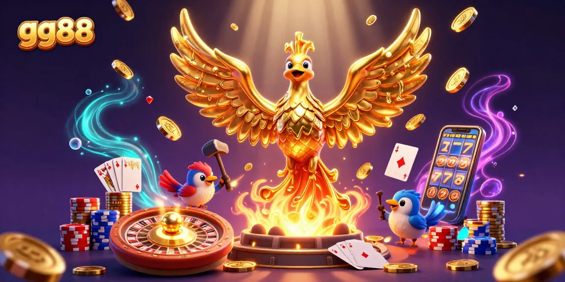 Enhance your gaming experience with gg88's vibrant 3D casino illustration showcasing a golden phoenix and rich casino elements.