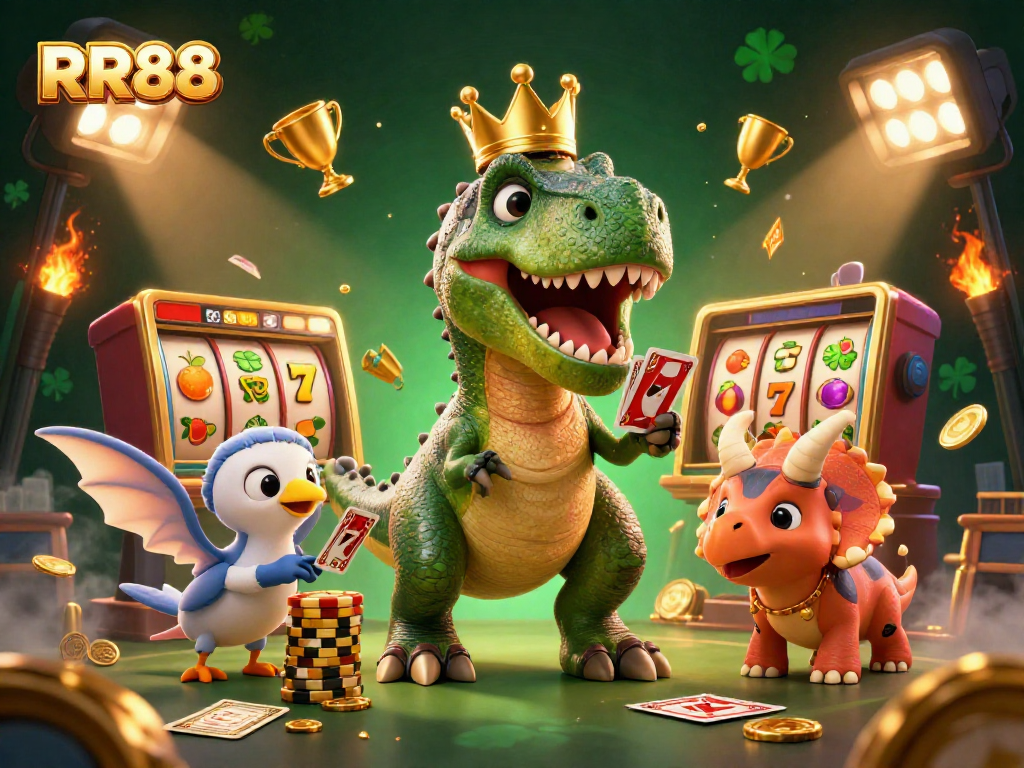 Experience thrilling slot action at RR88 with a T-Rex and friends shuffling cards and stacking chips