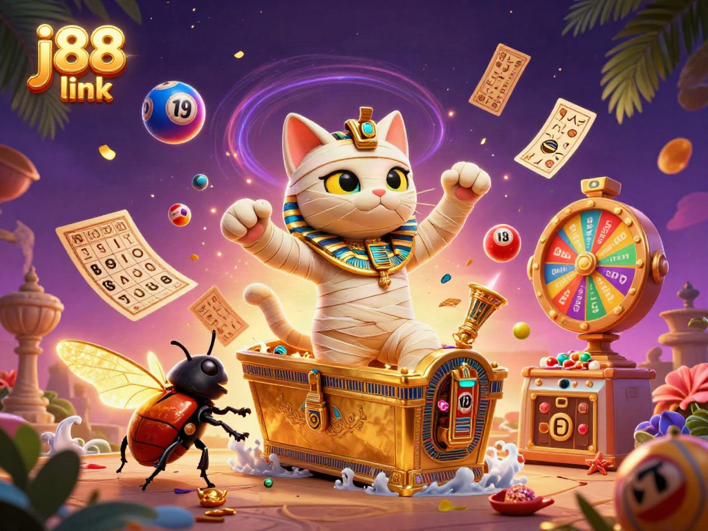 Experience the excitement of j88 link with a dynamic portrayal of a mummy cat and golden elements in a pyramid casino.