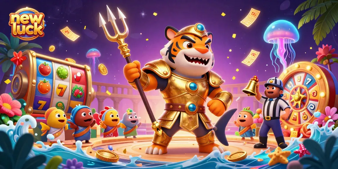 Experience big wins at new pk luck with a thrilling 3D illustration of a cartoon tiger shark amidst vibrant casino elements.