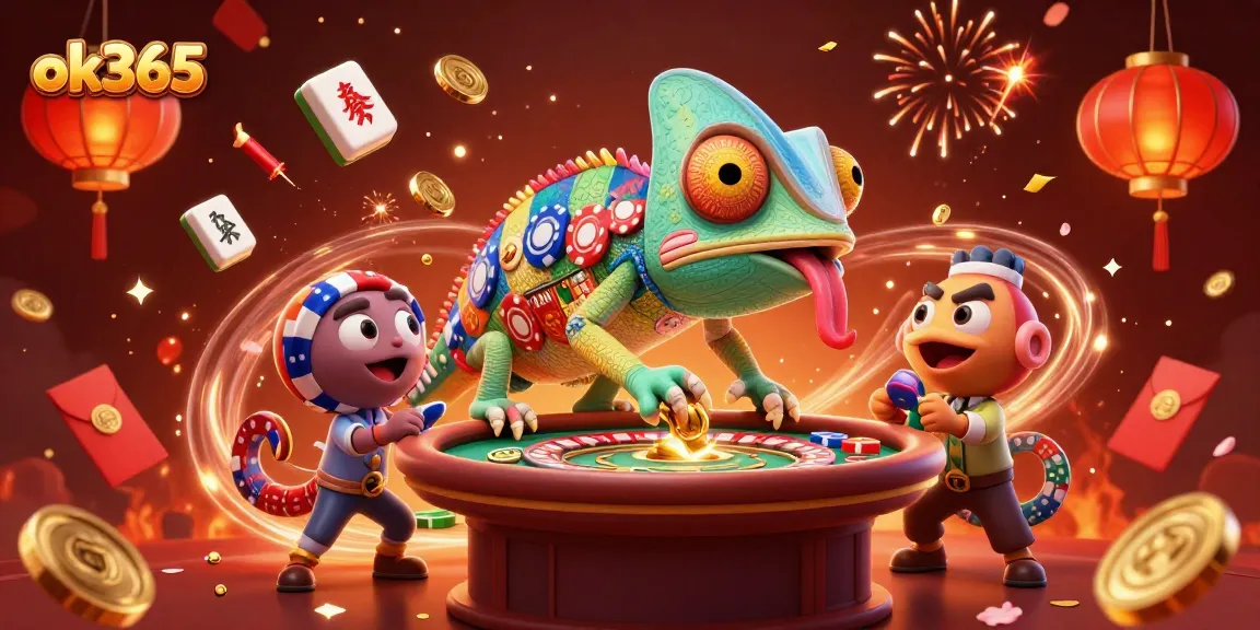 Engage with games at ok365, featuring a lively chameleon casino owner amidst vibrant celebrations.