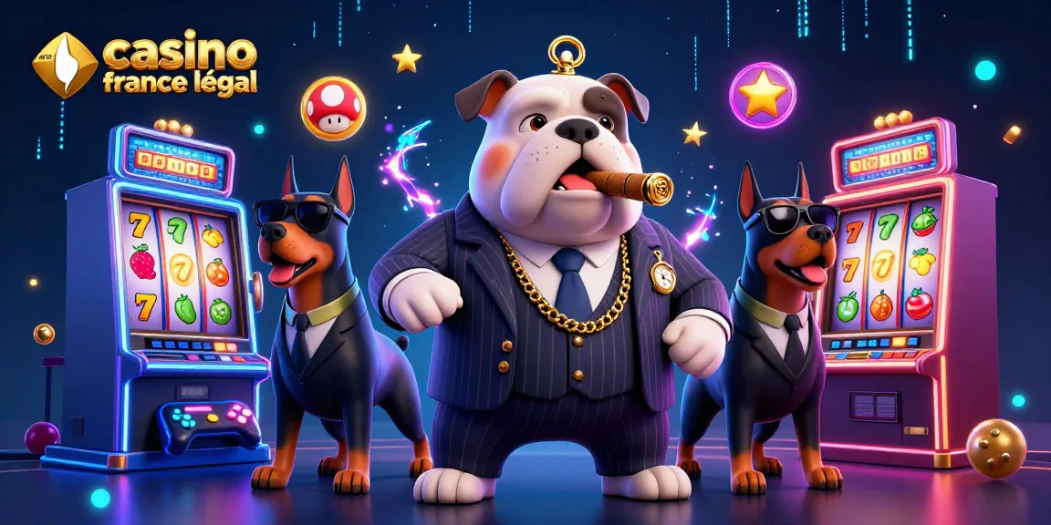 Illustration d'une scène de casino en ligne France légal avec un bulldog mafieux et ses gardes du corps, pleine d'éléments de jeu.