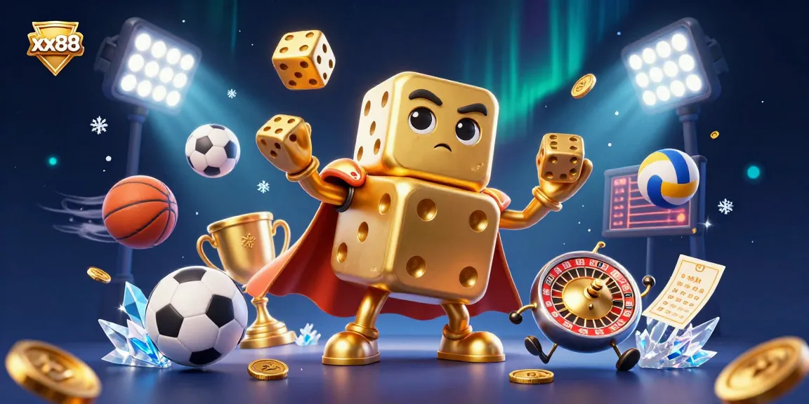 Engage with xx88's dynamic gaming scene featuring golden dice golem and sports elements.