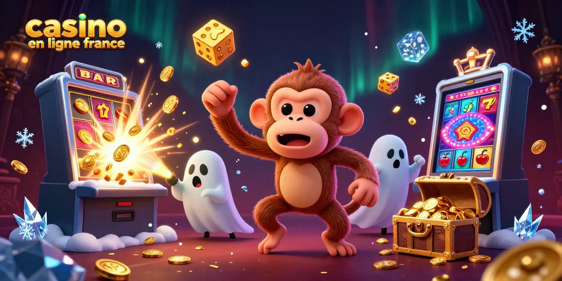 Le casino en ligne France se dévoile avec un singe poltergeist et un chiot chasseur, dans une scène de jackpot.