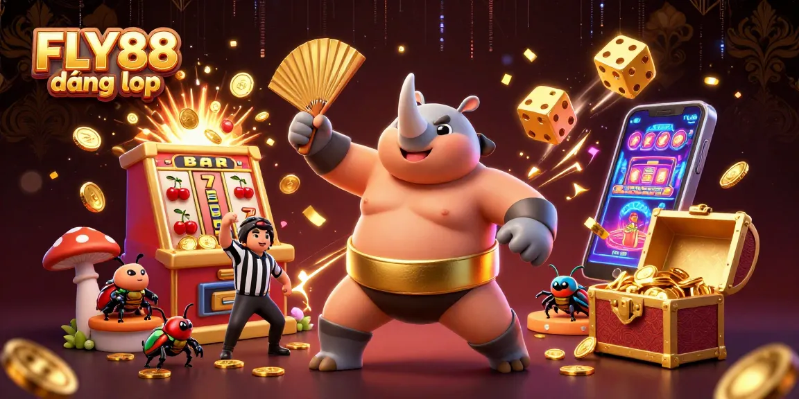 Experience FLY88 đăng nhập with a vibrant 3D illustration of a sumo beetle champion surrounded by casino elements.