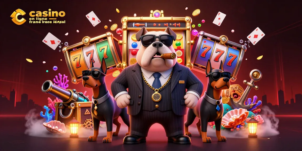 Une illustration 3D détaillée illustrant le casino en ligne France légal avec un bulldog mafieux et des éléments de jeu.