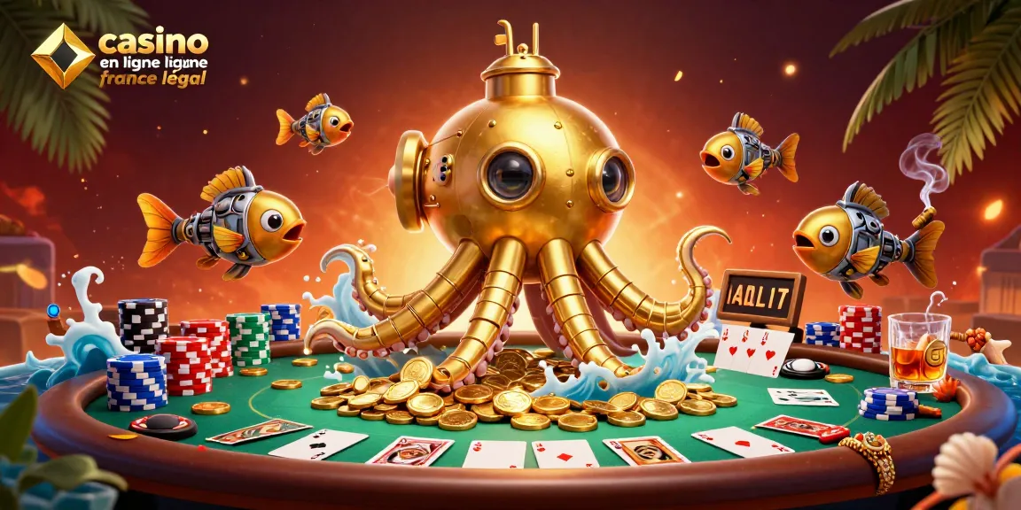 Jouer au casino en ligne France légal : Une illustration captivante d'un kraken et de poissons mécaniques entourés de jetons de poker et de pièces d'or.