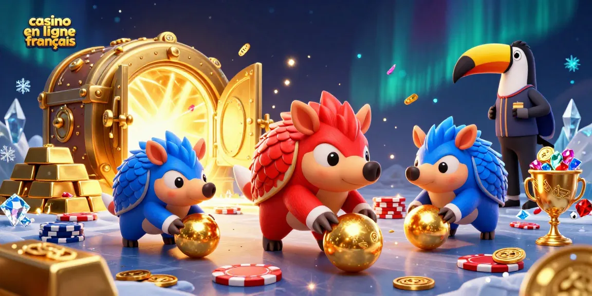 Les pangolins rivalisent aux jeux de casino en ligne français, entourés de trésors et de lumières scintillantes.